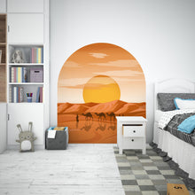 Load image into Gallery viewer, Desert Sunset Wall Arch Decal, Camels Desert Sun, Tranquil Desert Landscape | Earth Tone Home Decor, Headboard Decor, Wall Arch Decal 618LU