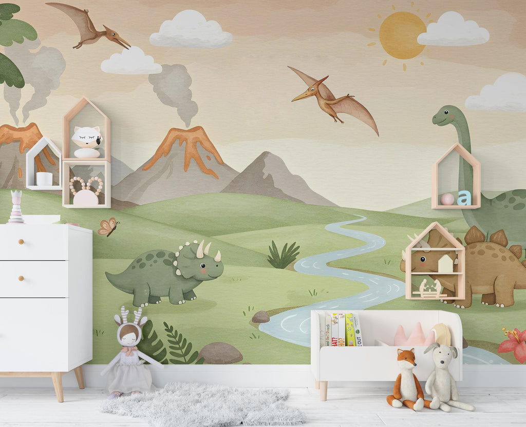 Dinosaur Wall Decal | Watercolor Dino Wallpaper | Prehistoric Wall Mural for Kids Room Nursery | T-Rex Jungle Decor 584RS