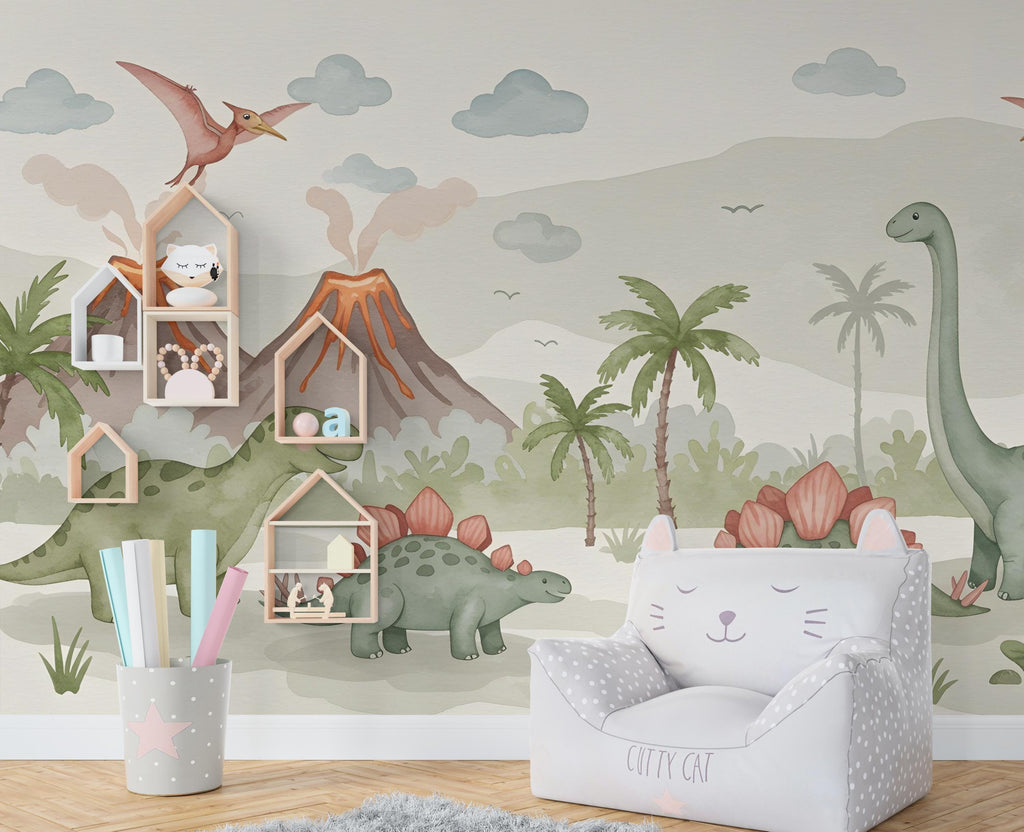 Dinosaur Wall Decal | Watercolor Dino Wallpaper | Prehistoric Wall Mural for Kids Room Nursery | T-Rex Jungle Decor 587RS