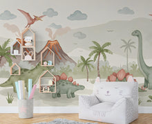 Load image into Gallery viewer, Dinosaur Wall Decal | Watercolor Dino Wallpaper | Prehistoric Wall Mural for Kids Room Nursery | T-Rex Jungle Decor 587RS