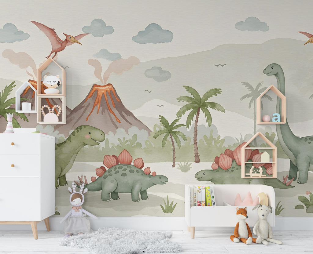 Dinosaur Wall Decal | Watercolor Dino Wallpaper | Prehistoric Wall Mural for Kids Room Nursery | T-Rex Jungle Decor 587RS