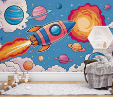Load image into Gallery viewer, Galaxy Planet Wall Graphics Rocket Peel and Stick Kids room Wallpaper Nursery Self Adhesive Rocket Nursery Stars wall decor Mural 599LU