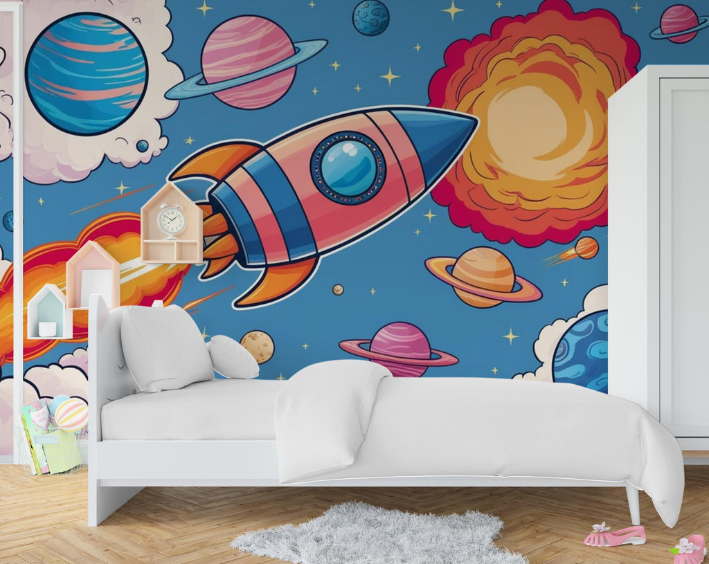 Galaxy Planet Wall Graphics Rocket Peel and Stick Kids room Wallpaper Nursery Self Adhesive Rocket Nursery Stars wall decor Mural 599LU