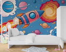 Load image into Gallery viewer, Galaxy Planet Wall Graphics Rocket Peel and Stick Kids room Wallpaper Nursery Self Adhesive Rocket Nursery Stars wall decor Mural 599LU