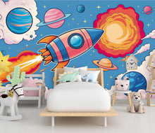 Load image into Gallery viewer, Galaxy Planet Wall Graphics Rocket Peel and Stick Kids room Wallpaper Nursery Self Adhesive Rocket Nursery Stars wall decor Mural 599LU