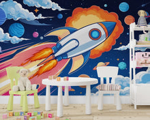 Load image into Gallery viewer, Galaxy Planet Wall Graphics Rocket Peel and Stick Kids room Wallpaper Nursery Self Adhesive Rocket Nursery Stars wall decor Mural 600LU