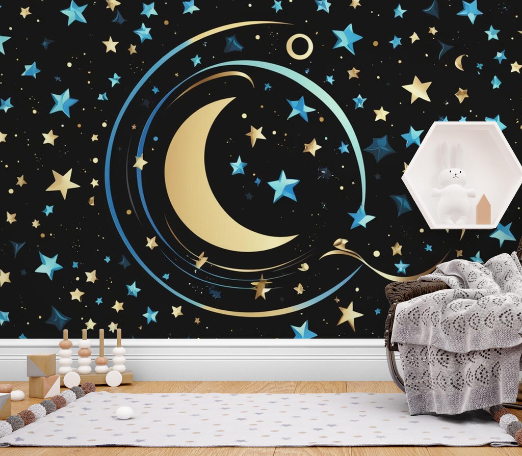Peel & Stick Starry Night Sky Wallpaper – Crescent Moon and Stars Design for Bedroom, Nursery, Kids Rooms and living room 601LU