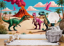 Load image into Gallery viewer, Dinosaur Wall Decal | Dino Wallpaper | Prehistoric Wall Mural for Kids Room Nursery | T-Rex Jungle Decor 598LU