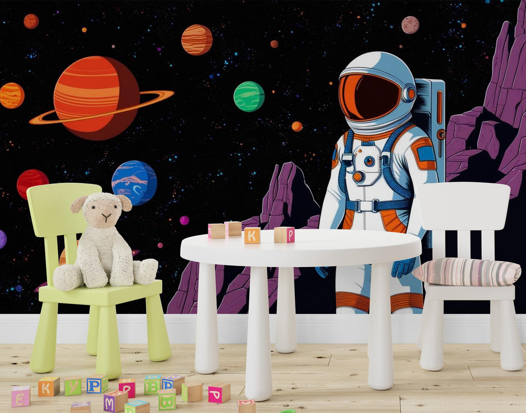 Astronaut on Moon with Solar System Planets - Stunning Digital Space Art - Sci-Fi Outer Space Wallpaper for Home, Kids Room Decor 603LU