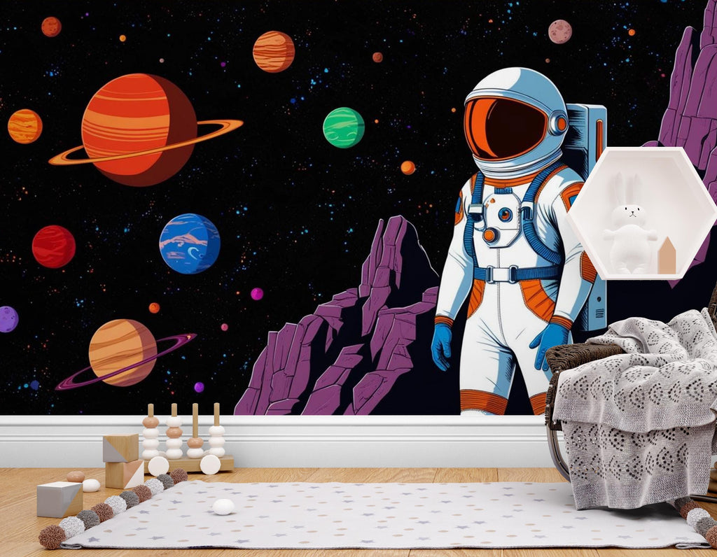 Astronaut on Moon with Solar System Planets - Stunning Digital Space Art - Sci-Fi Outer Space Wallpaper for Home, Kids Room Decor 603LU