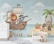 Load image into Gallery viewer, Lion Pirate Wall Decal | Raccoon Pirate Wall Mural | Sea Wallpaper | Treasure and Palm Wall Art | Pirate Room art 618RS