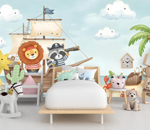 Load image into Gallery viewer, Lion Pirate Wall Decal | Raccoon Pirate Wall Mural | Sea Wallpaper | Treasure and Palm Wall Art | Pirate Room art 618RS