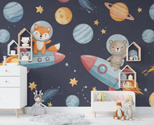 Load image into Gallery viewer, Space Animals on Rocket Wall Decal | Space Wall Mural | Outer Space Wallpaper | Stars and Planets Wall Art | Astronomy Room Decor 594RS