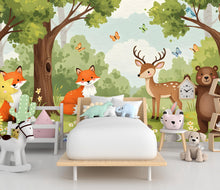 Load image into Gallery viewer, Forest Animals Wall Graphics Bear Fox Deer Peel and Stick Girl room Forest Wallpaper Nursery Self Adhesive Nursery wall decor Mural 595RS