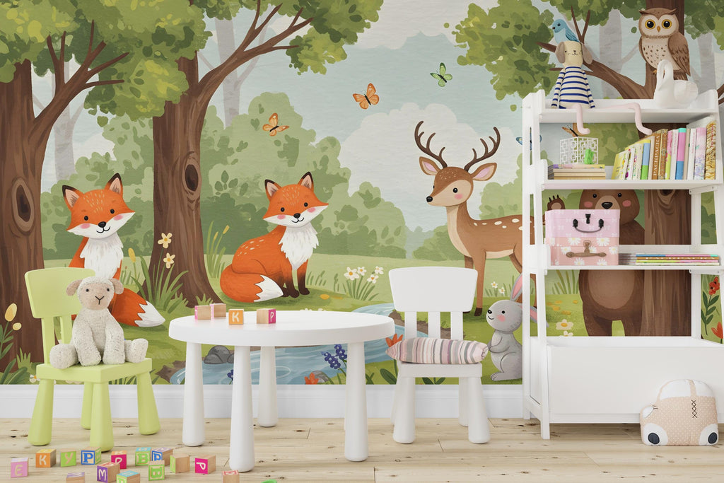 Forest Animals Wall Graphics Bear Fox Deer Peel and Stick Girl room Forest Wallpaper Nursery Self Adhesive Nursery wall decor Mural 595RS