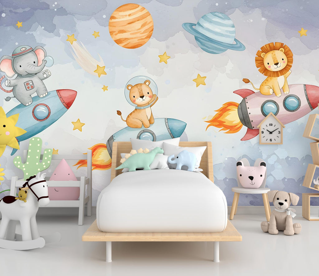 Space Lion on Rocket Wall Decal | Elephant Space Wall Mural | Outer Space Wallpaper | Stars and Planets Wall Art | Astronomy Room art 597RS
