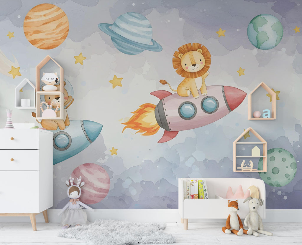 Space Lion on Rocket Wall Decal | Elephant Space Wall Mural | Outer Space Wallpaper | Stars and Planets Wall Art | Astronomy Room art 597RS