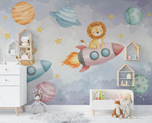 Load image into Gallery viewer, Space Lion on Rocket Wall Decal | Elephant Space Wall Mural | Outer Space Wallpaper | Stars and Planets Wall Art | Astronomy Room art 597RS
