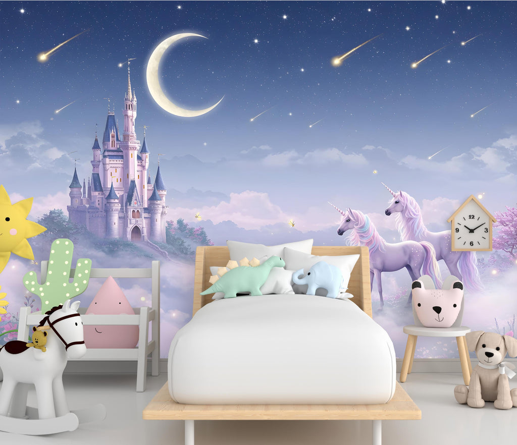 Unicorn Princess Castle Wall Graphics Peel and Stick Girl room Wallpaper Nursery Self Adhesive Rainbow nursery wall decor Mural 623RS