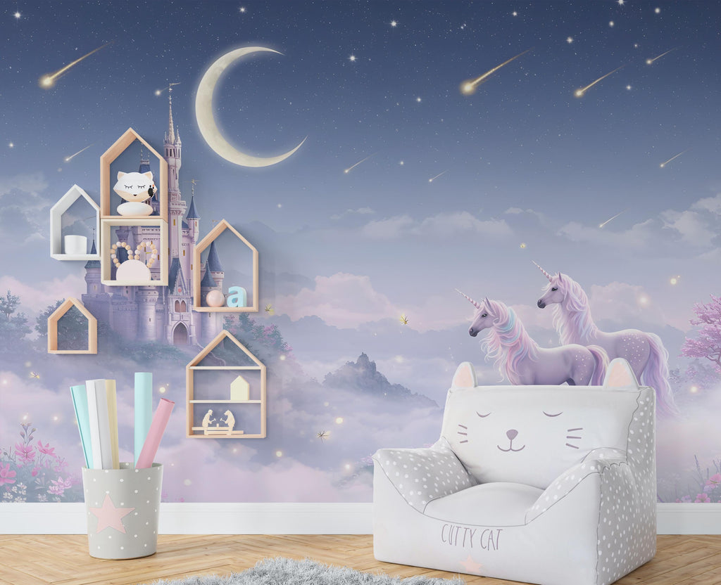 Unicorn Princess Castle Wall Graphics Peel and Stick Girl room Wallpaper Nursery Self Adhesive Rainbow nursery wall decor Mural 623RS