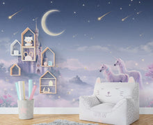 Load image into Gallery viewer, Unicorn Princess Castle Wall Graphics Peel and Stick Girl room Wallpaper Nursery Self Adhesive Rainbow nursery wall decor Mural 623RS