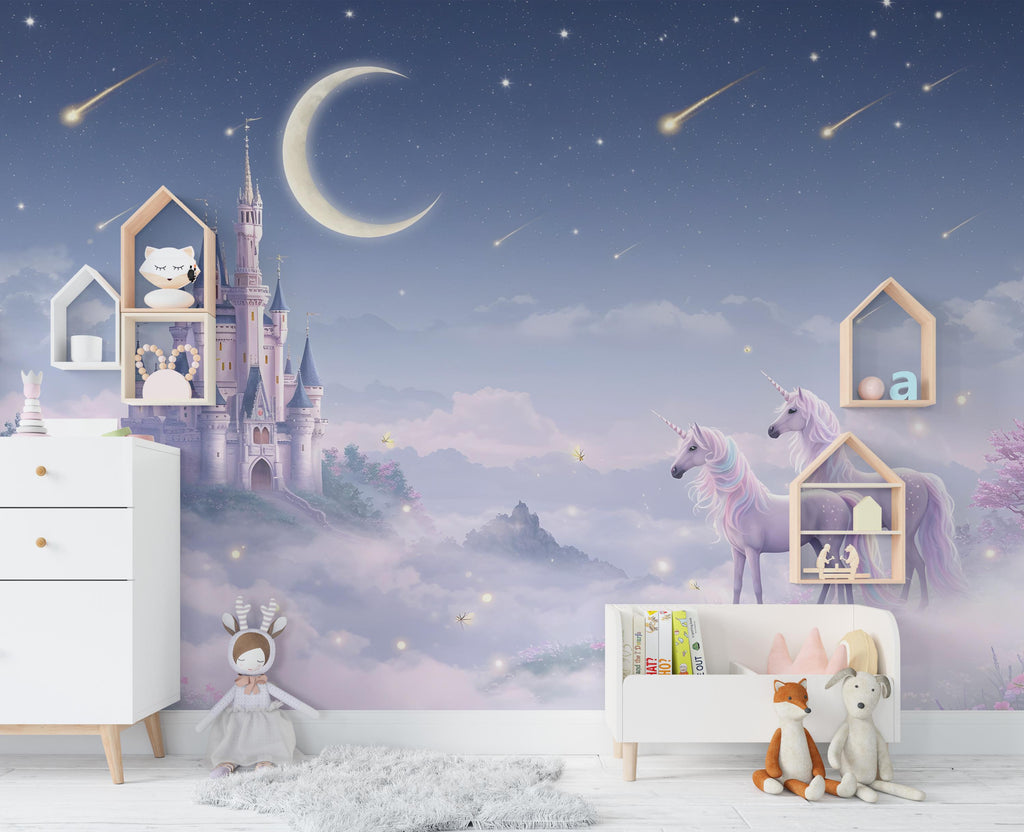 Unicorn Princess Castle Wall Graphics Peel and Stick Girl room Wallpaper Nursery Self Adhesive Rainbow nursery wall decor Mural 623RS