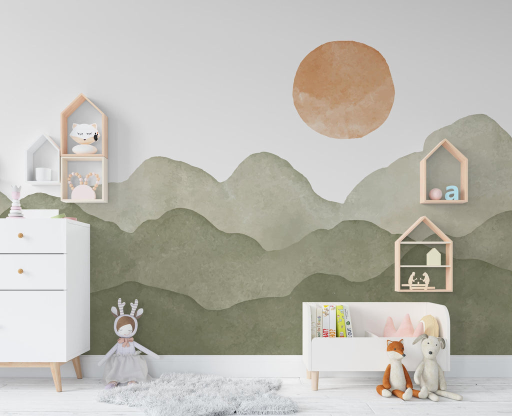 Mountain Sun Wall Art Decal – Boho Colorful Nature Decor – Modern Home Accent – Nursery Mountain Wall Sticker, Kids Room Wall Decor 610LU