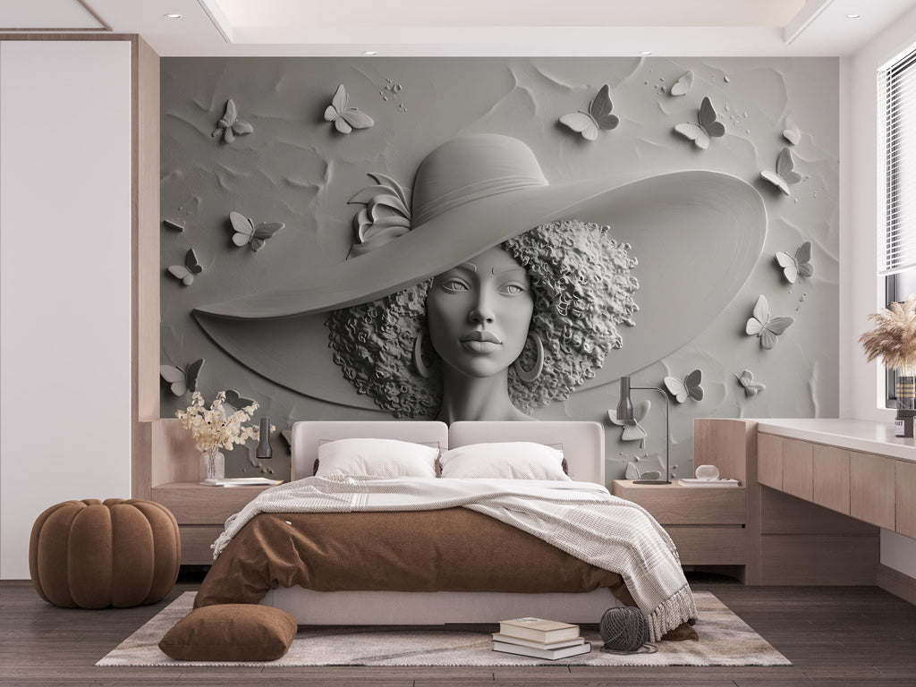 3D Textured Wall Mural – Woman in Sculptural Relief with Butterflies room Wallpaper nursery wall decor Mural 608RS