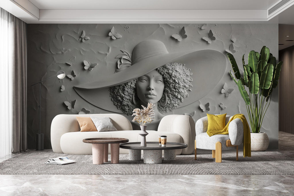 3D Textured Wall Mural – Woman in Sculptural Relief with Butterflies room Wallpaper nursery wall decor Mural 608RS