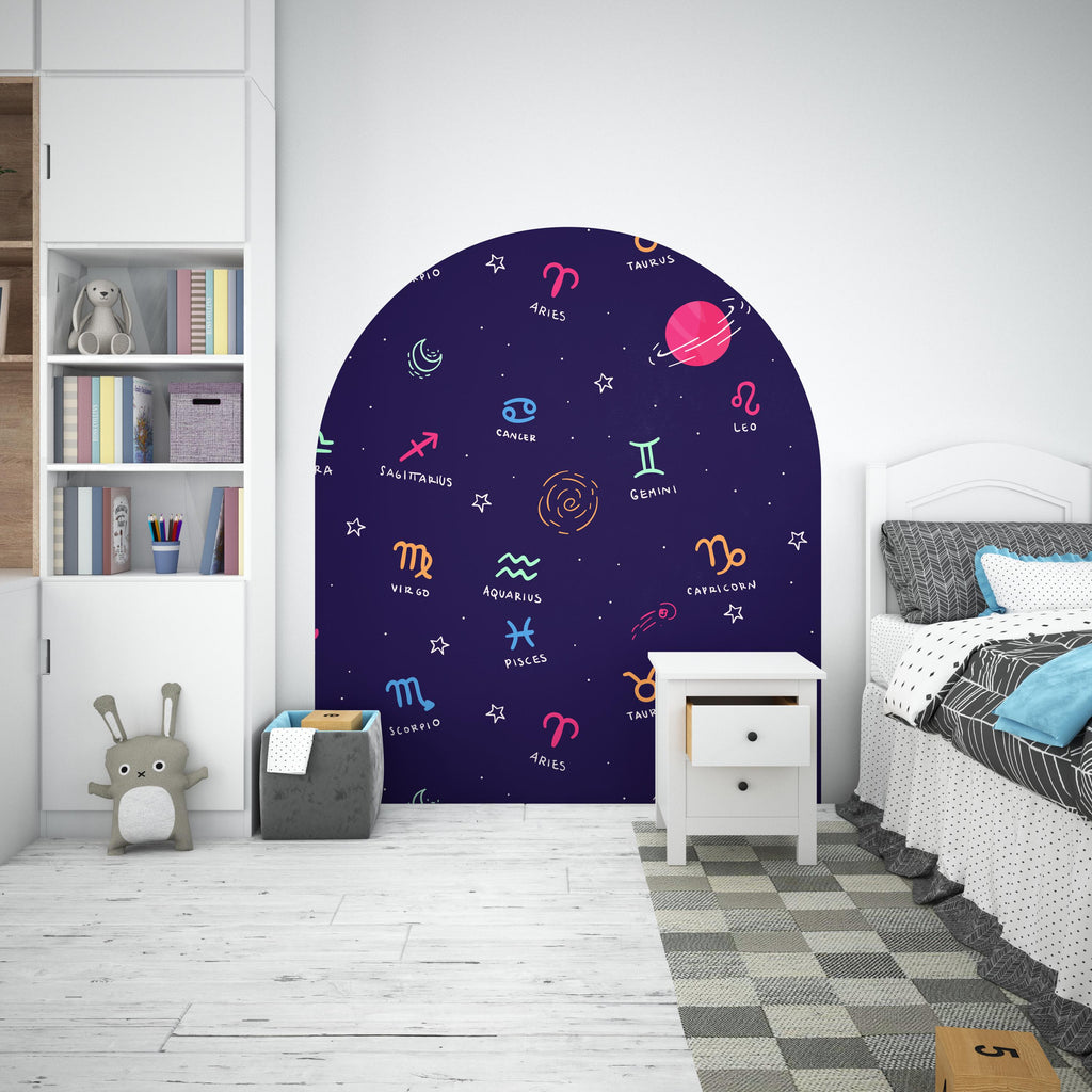 Zodiac Sign Wall Arch Decal, Cosmic Dark Space Headboard, Living Room & Kids Room Decor, Astrology Wall Art, Astrology Gift, Celestial 611LU
