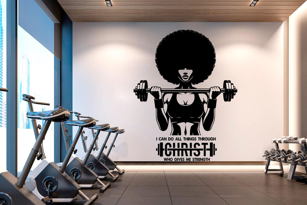 With Gods all things are Possible Afro American Fitness Wall Decal Afro Girl Workout Wall Decal Gym Wall Decor Motivational Wall Decal 632RS