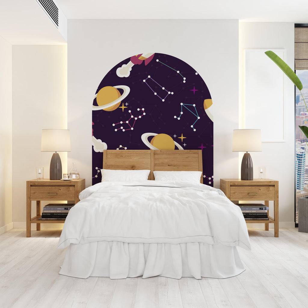 Zodiac Sign Wall Arch Decal, Cosmic Dark Space Headboard, Living Room & Kids Room Decor, Astrology Wall Art, Astrology Gift, Celestial 612LU