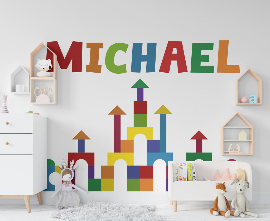 Personalized Kids Name Castle Wall Decal – Colorful Building Block Nursery Sticker, Custom Playroom Wall Art, Bedroom Decoration 633LU