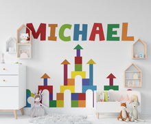Load image into Gallery viewer, Personalized Kids Name Castle Wall Decal – Colorful Building Block Nursery Sticker, Custom Playroom Wall Art, Bedroom Decoration 633LU
