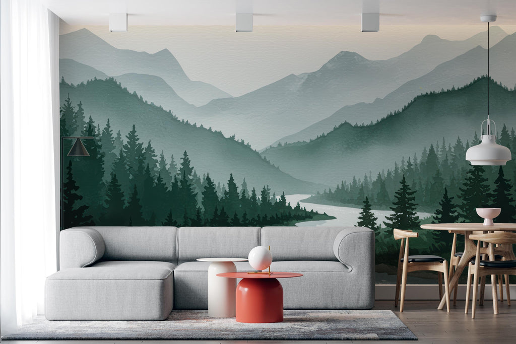 Mountain Foggy Wall Graphics River Peel and Stick Forest room Wallpaper Nursery Self Adhesive Removable nursery wall decor Mural 638RS