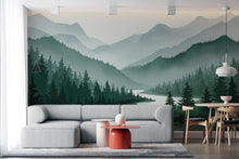 Load image into Gallery viewer, Mountain Foggy Wall Graphics River Peel and Stick Forest room Wallpaper Nursery Self Adhesive Removable nursery wall decor Mural 638RS