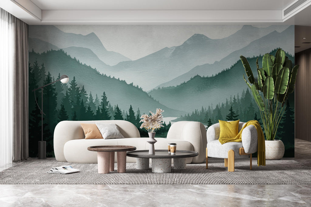 Mountain Foggy Wall Graphics River Peel and Stick Forest room Wallpaper Nursery Self Adhesive Removable nursery wall decor Mural 638RS