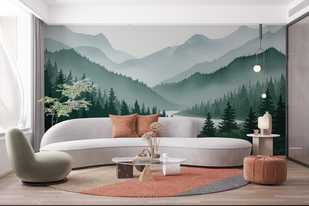 Mountain Foggy Wall Graphics River Peel and Stick Forest room Wallpaper Nursery Self Adhesive Removable nursery wall decor Mural 638RS