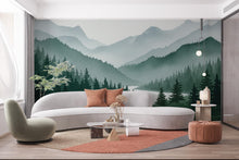 Load image into Gallery viewer, Mountain Foggy Wall Graphics River Peel and Stick Forest room Wallpaper Nursery Self Adhesive Removable nursery wall decor Mural 638RS