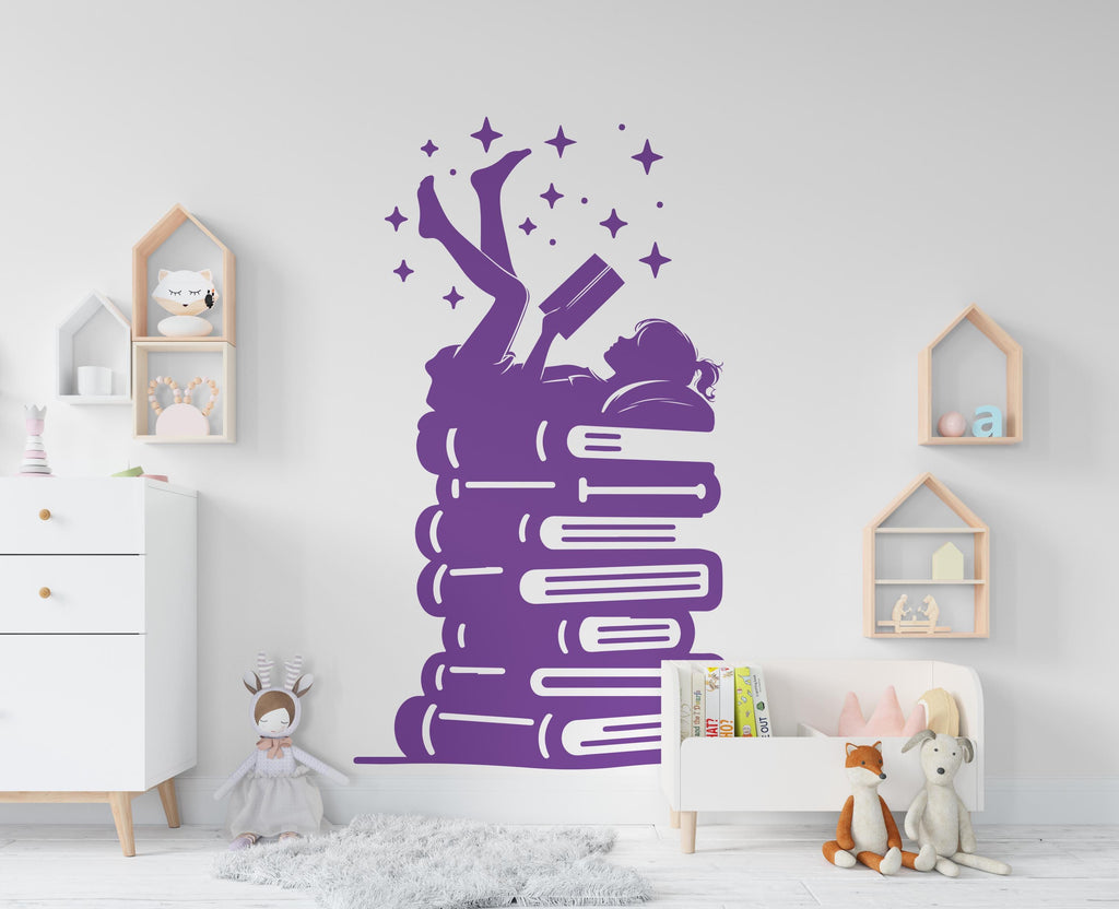 Girl Reading Book Library vinyl wall art decals, library wall decal, education decals, reading room, nurseries, school, kids gifts 611RS