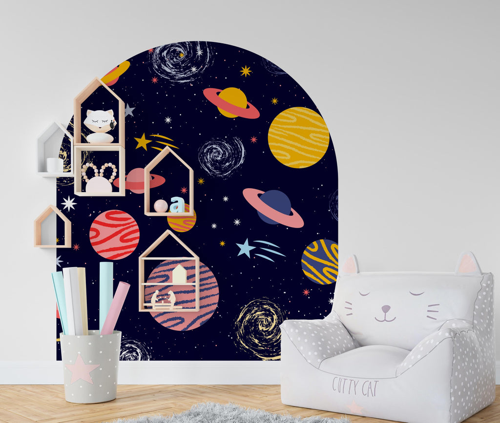 Space-Themed Wall Arch Decal - Planets, Stars & Night Sky Decor - Cosmic Home Decoration for Kids, Bedroom, Nursery - Headboard Decor 614LU