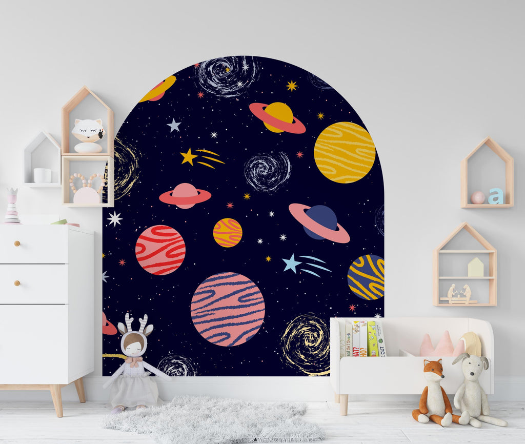 Space-Themed Wall Arch Decal - Planets, Stars & Night Sky Decor - Cosmic Home Decoration for Kids, Bedroom, Nursery - Headboard Decor 614LU
