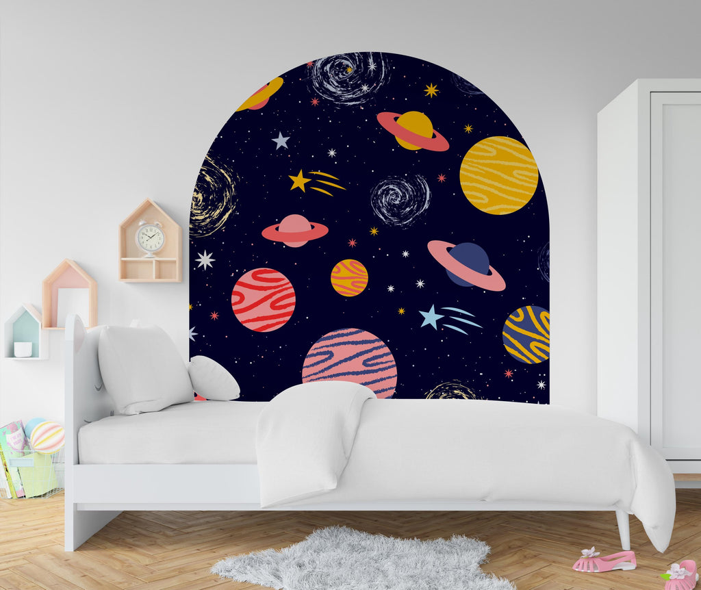 Space-Themed Wall Arch Decal - Planets, Stars & Night Sky Decor - Cosmic Home Decoration for Kids, Bedroom, Nursery - Headboard Decor 614LU
