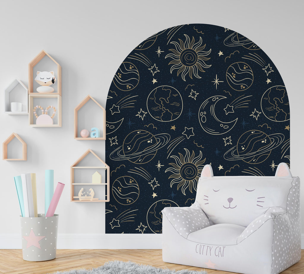 Space-Themed Wall Arch Decal - Planets, Sun, Stars & Night Sky Decor - Cosmic Home Decor for Kids, Bedroom, Nursery - Headboard Decor 615LU
