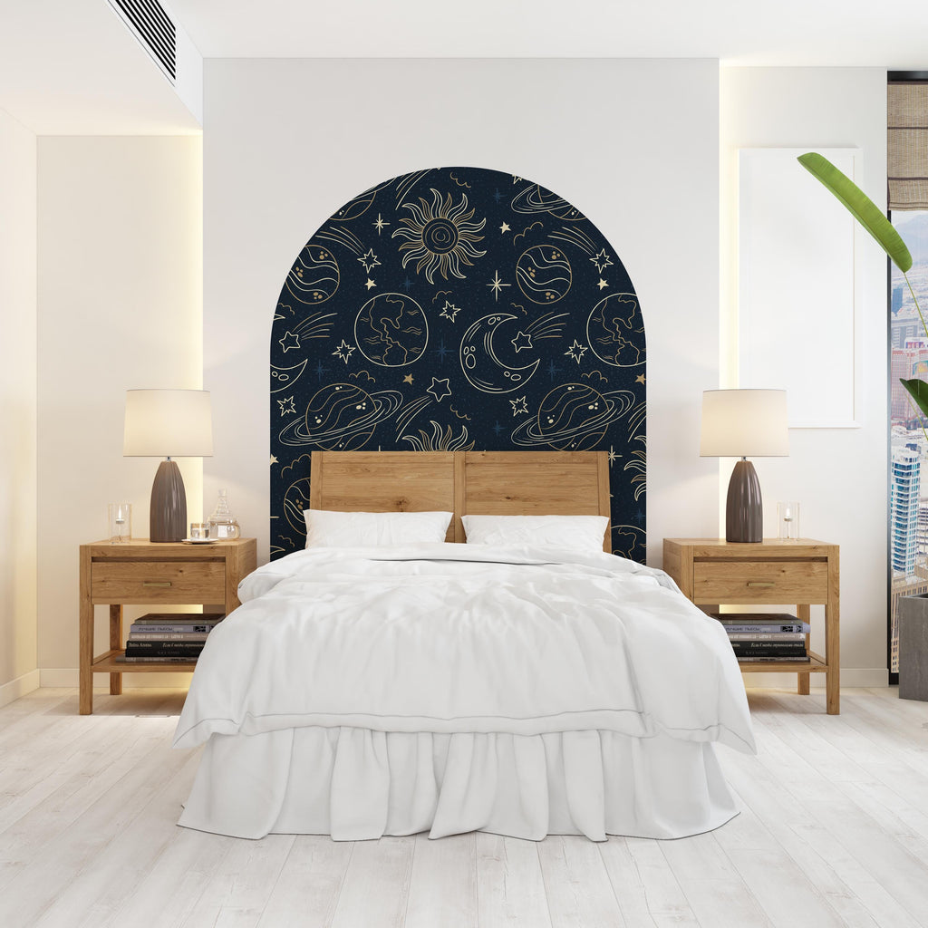 Space-Themed Wall Arch Decal - Planets, Sun, Stars & Night Sky Decor - Cosmic Home Decor for Kids, Bedroom, Nursery - Headboard Decor 615LU