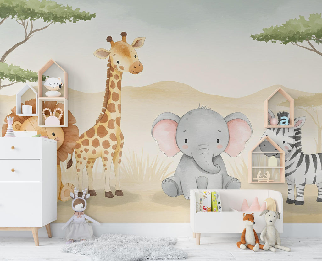Safari Animals Wallpaper, Lion Giraffe Nursery and Kids Room Mural Decor, Elephant and Giraffe Watercolor Wallpaper, Lion, zebra art 614RS