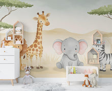 Load image into Gallery viewer, Safari Animals Wallpaper, Lion Giraffe Nursery and Kids Room Mural Decor, Elephant and Giraffe Watercolor Wallpaper, Lion, zebra art 614RS