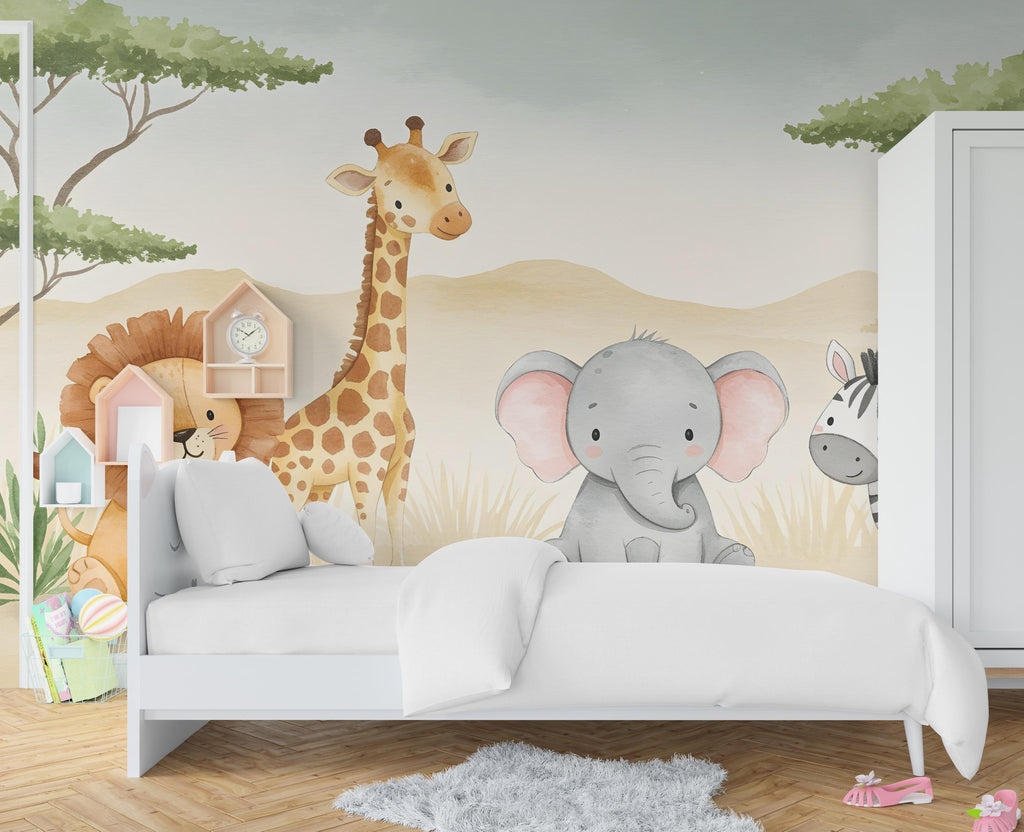 Safari Animals Wallpaper, Lion Giraffe Nursery and Kids Room Mural Decor, Elephant and Giraffe Watercolor Wallpaper, Lion, zebra art 614RS
