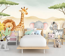 Load image into Gallery viewer, Safari Animals Wallpaper, Lion Giraffe Nursery and Kids Room Mural Decor, Elephant and Giraffe Watercolor Wallpaper, Lion, zebra art 614RS