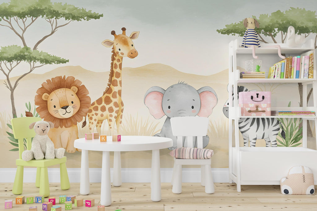 Safari Animals Wallpaper, Lion Giraffe Nursery and Kids Room Mural Decor, Elephant and Giraffe Watercolor Wallpaper, Lion, zebra art 614RS